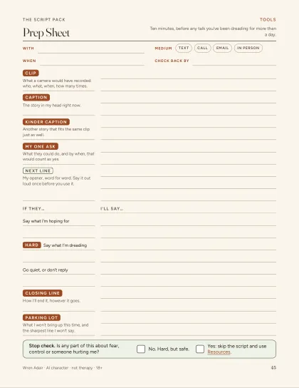 Worksheet W2, the Prep Sheet: ten minutes before any talk you’ve been dreading.